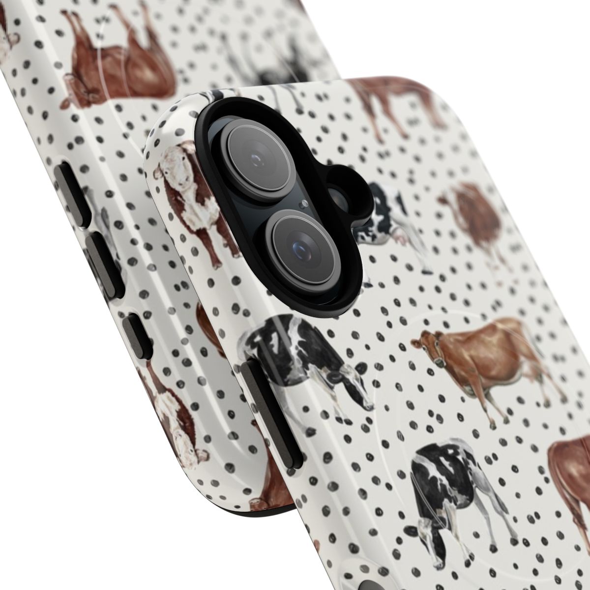 Watercolor cow and boho dot pattern design on a tough magnetic phone case - Detail