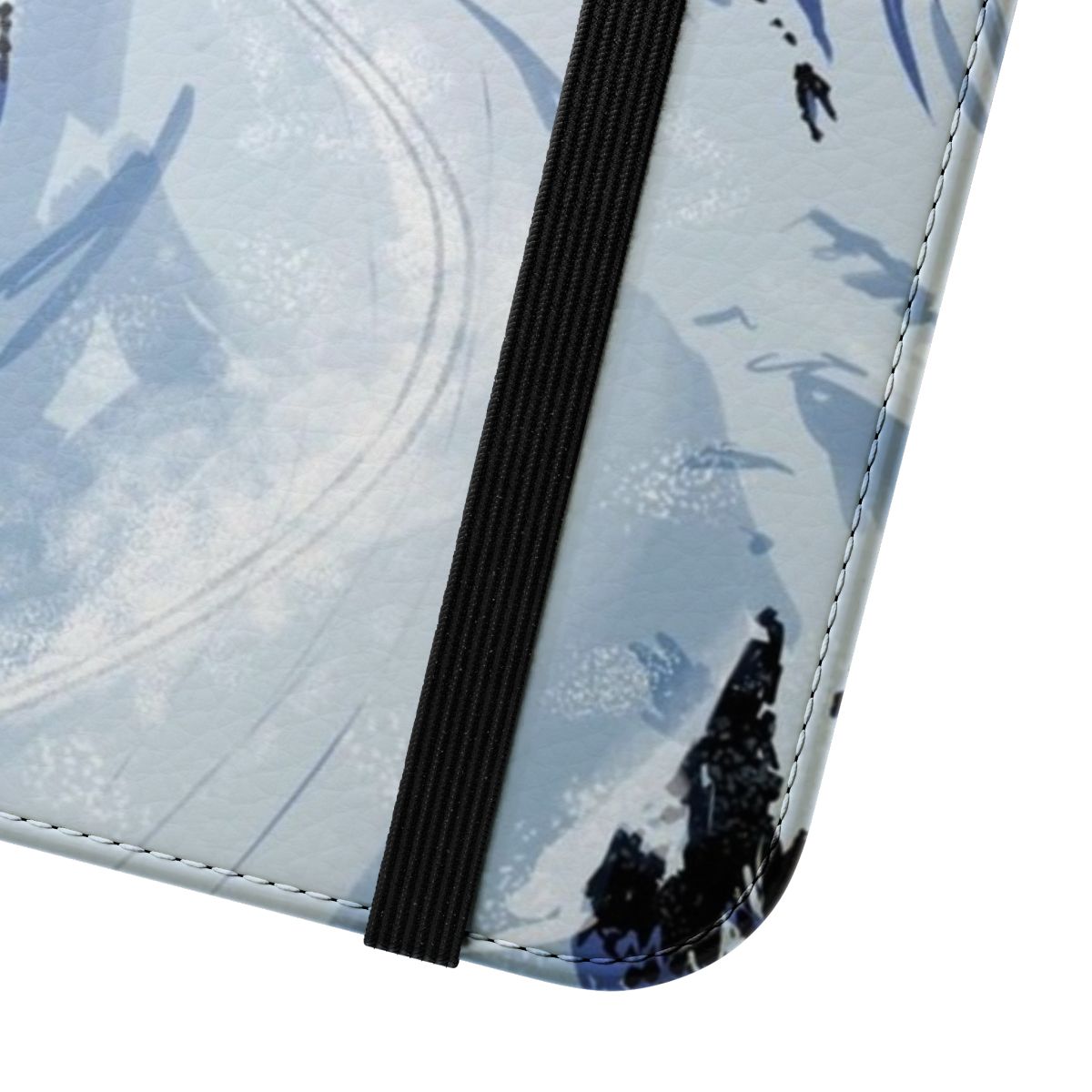 A durable flip phone case with a mountain, ski, and winter-themed design. - Close Up