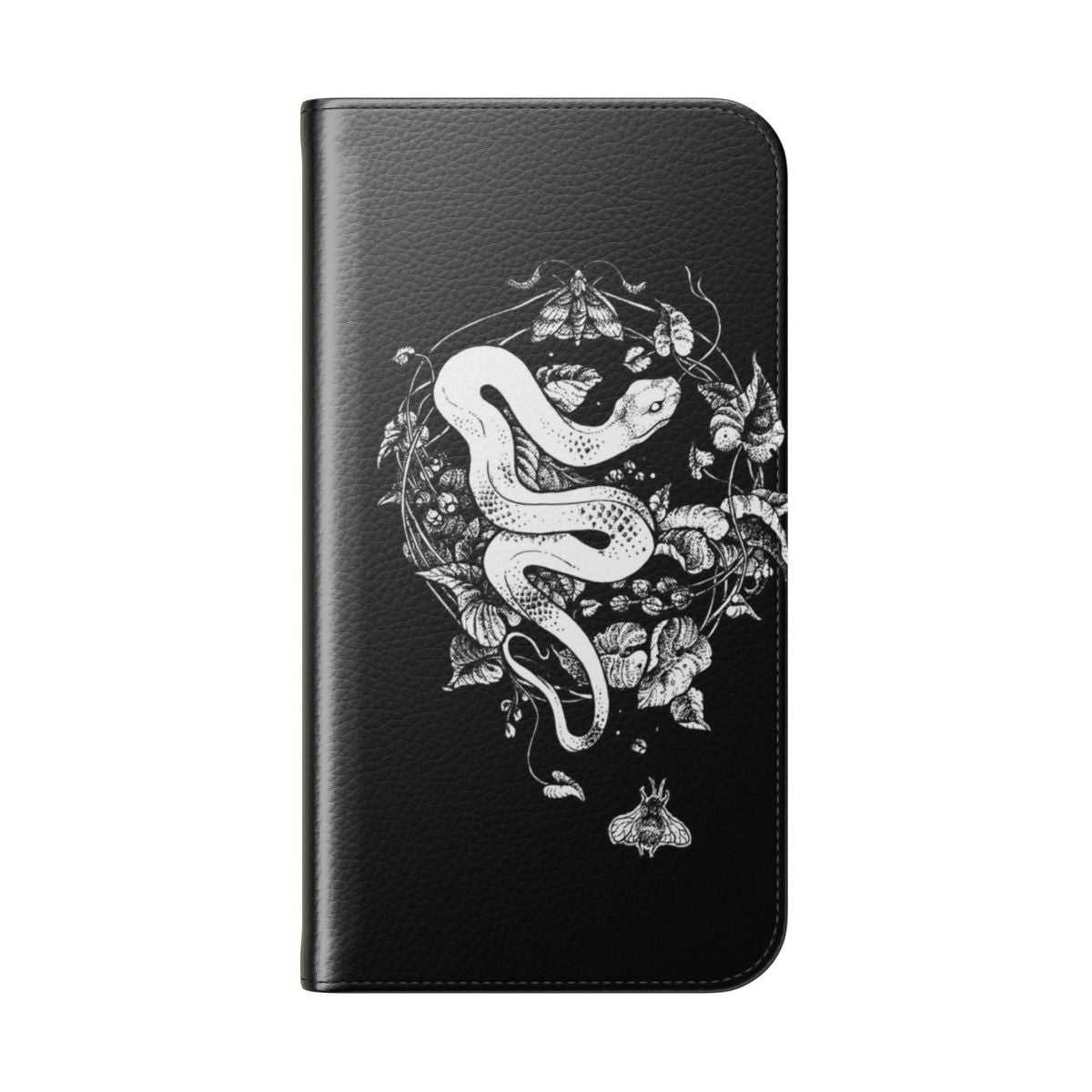 Dark art-inspired flip cover phone case with snake, moth, and floral design - Folded Back