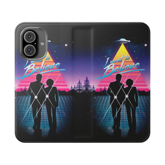 Retro-style "I Want to Believe" inspired flip cover phone case with X-Files theme