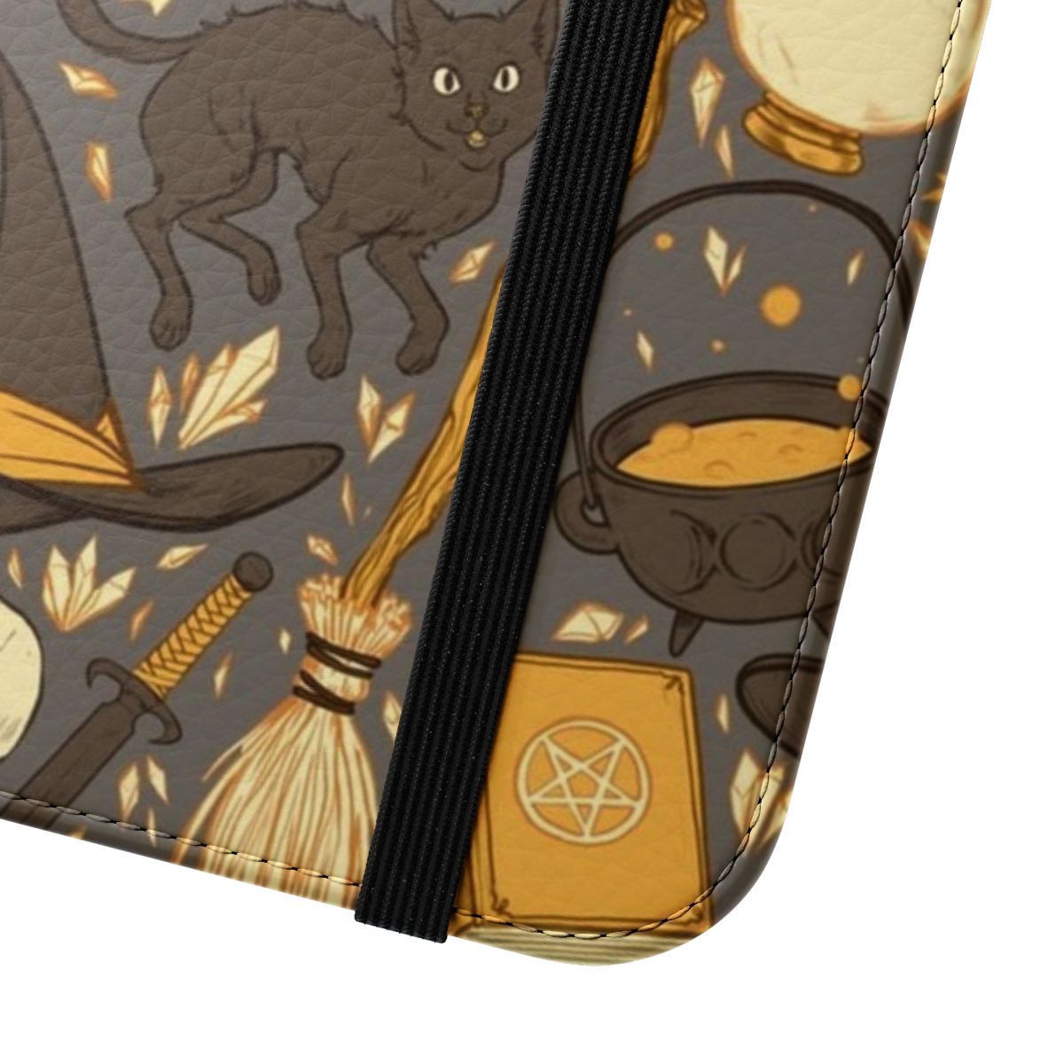 Warm grey flip cover phone case with a witchy, spooky pattern and design - Close Up