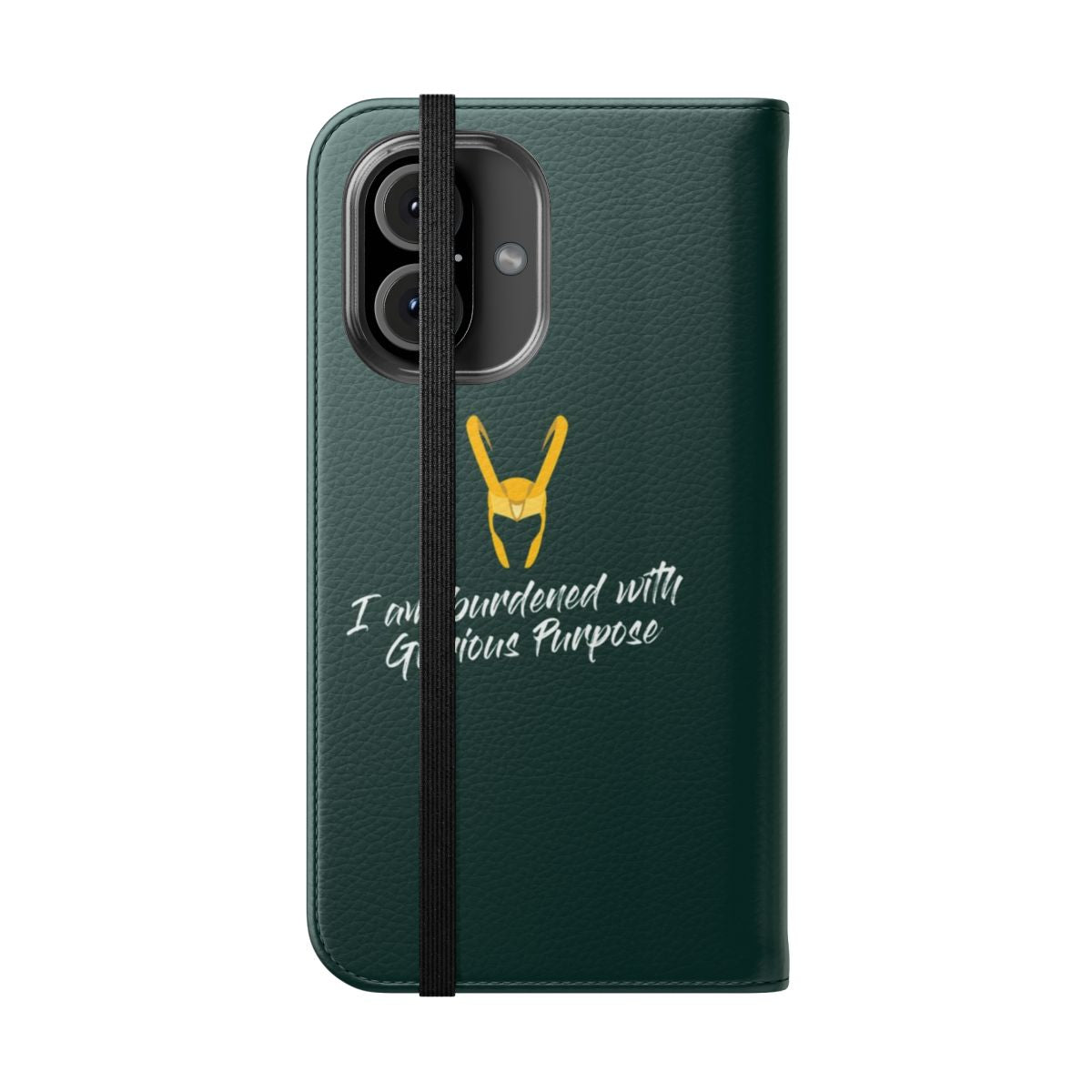 Flip cover phone case featuring a design inspired by Marvel's Loki, Avengers, and other popular characters - Folded Front