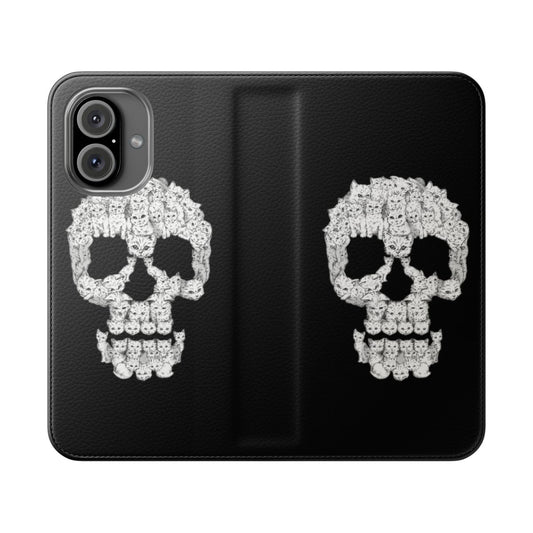 A tough yet cute phone case featuring a graphic skull and kitten design.