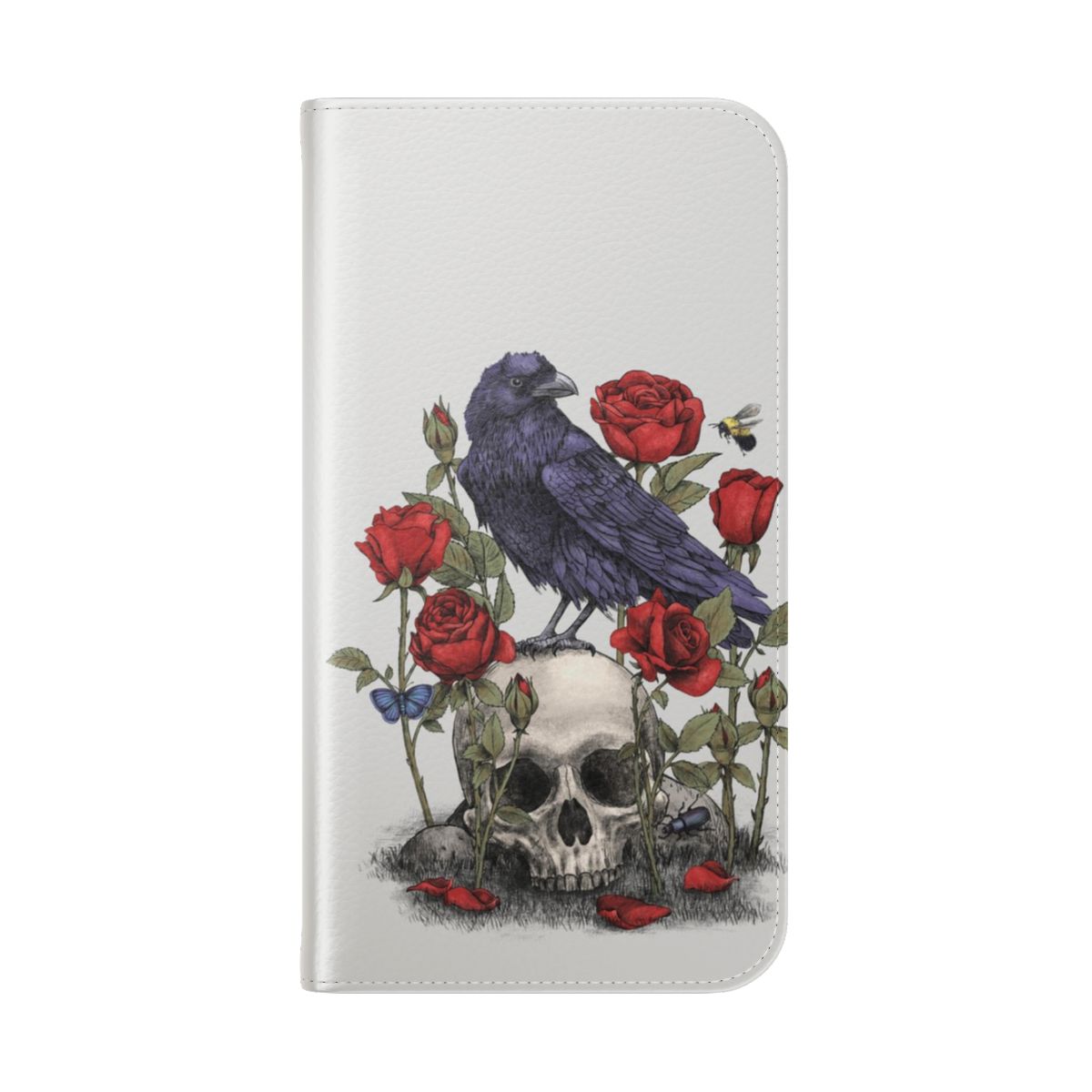 A dark, gothic-style phone case featuring a raven, skull, and floral design. - Folded Back