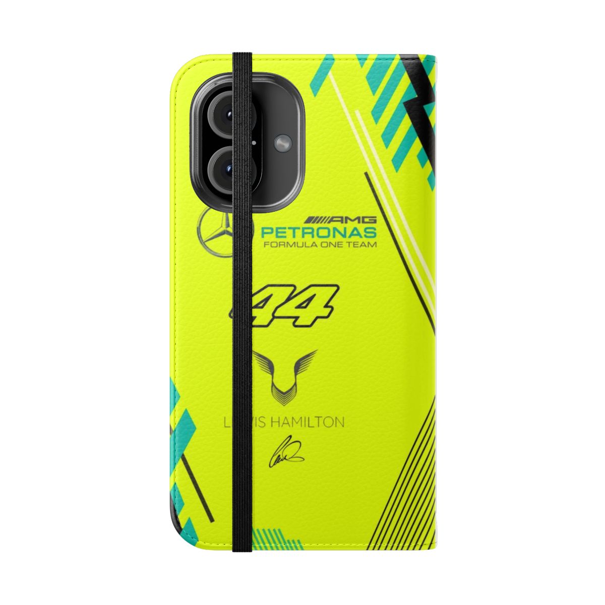 Yellow phone case with Mercedes AMG Petronas F1 team branding and Lewis Hamilton's iconic number 44 - Folded Front