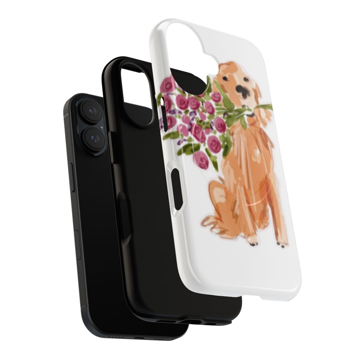 Charming image of a golden retriever surrounded by a bouquet of flowers on a phone case - Layers