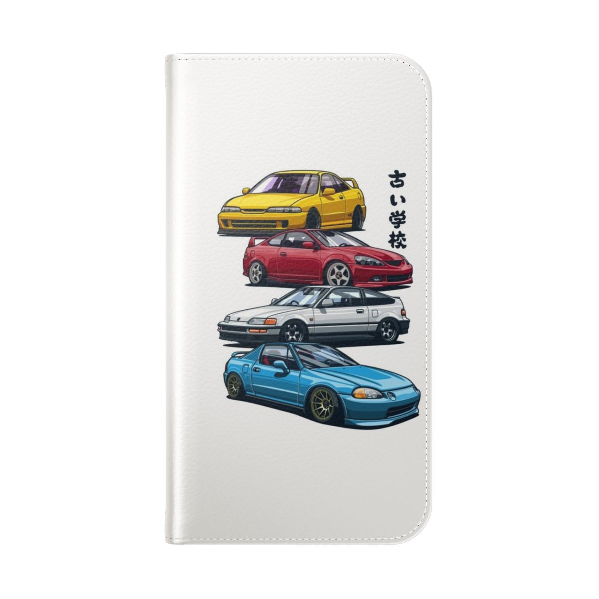 Flip phone case with retro design featuring Japanese legend cars like Civic, CRX, and Integra - Folded Back