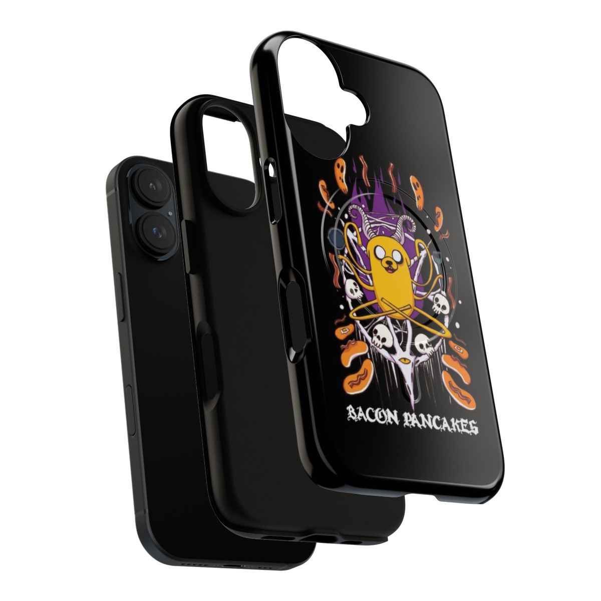 Sleek black phone case with bacon pancakes and occult symbols, perfect for Adventure Time enthusiasts - Layers