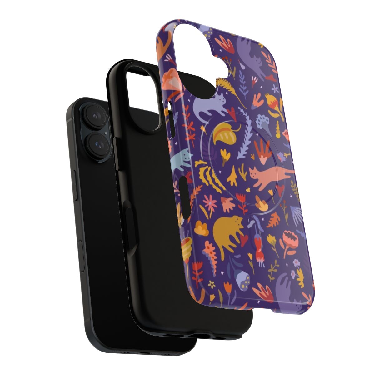 Colorful phone case featuring cute cartoon cats in a magical botanical garden - Layers