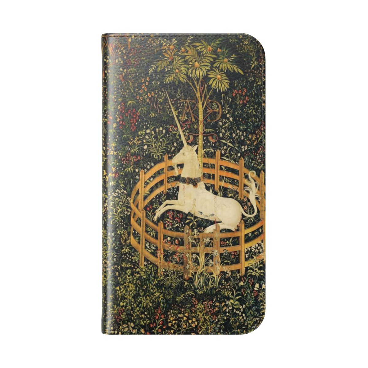 Flip phone case featuring a whimsical design with a mythical unicorn and elegant green floral motifs. - Folded Back