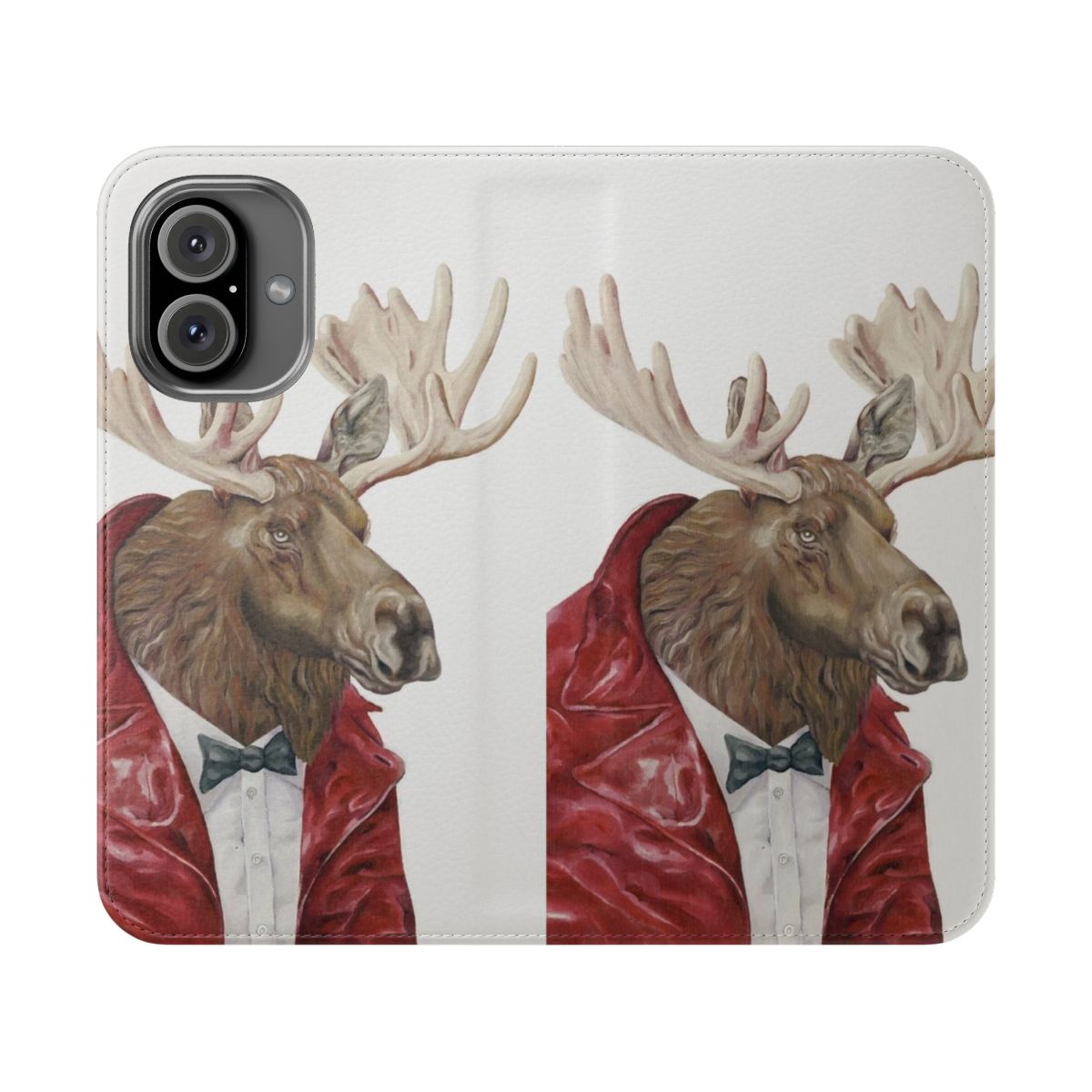 A leather flip phone case featuring a whimsical moose painting in a Scandinavian-inspired woodland scene.