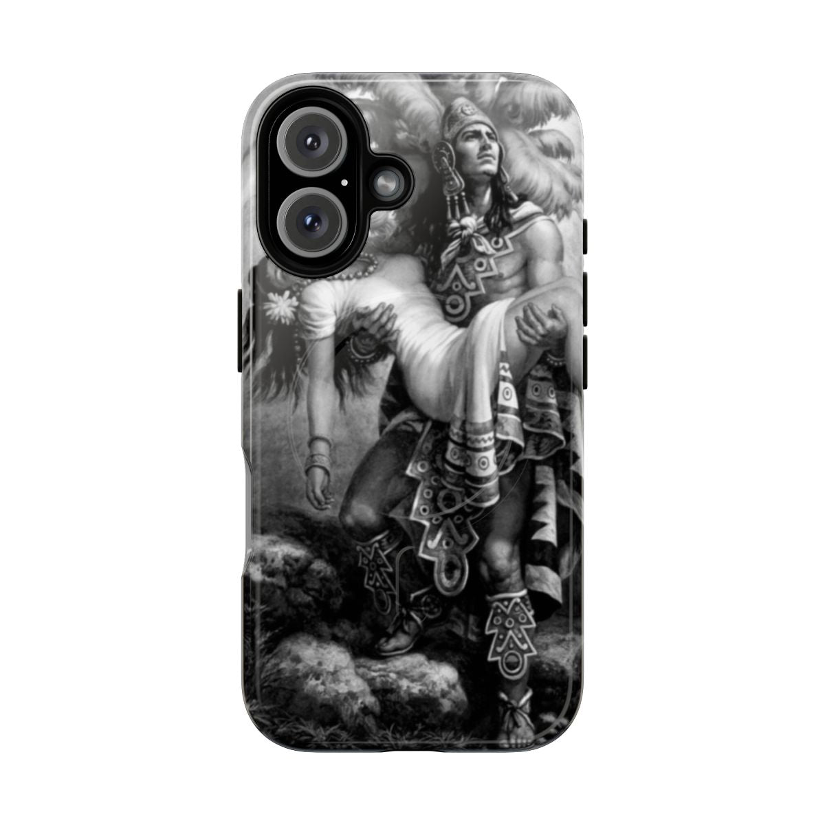 Aztec warrior design printed on a protective, magnetic phone case