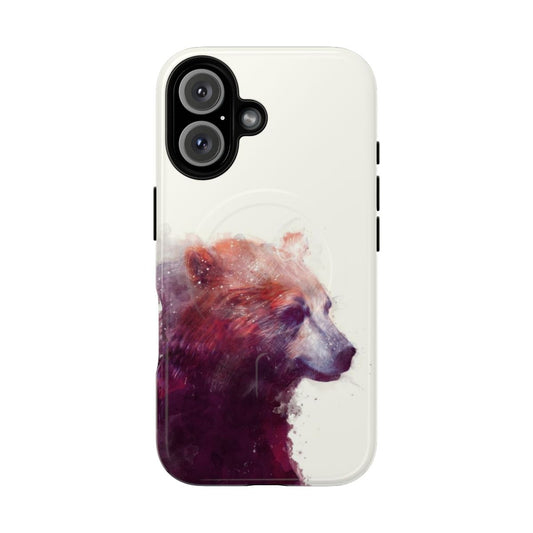 A phone case featuring a watercolor illustration of a bear in a calm, natural setting.