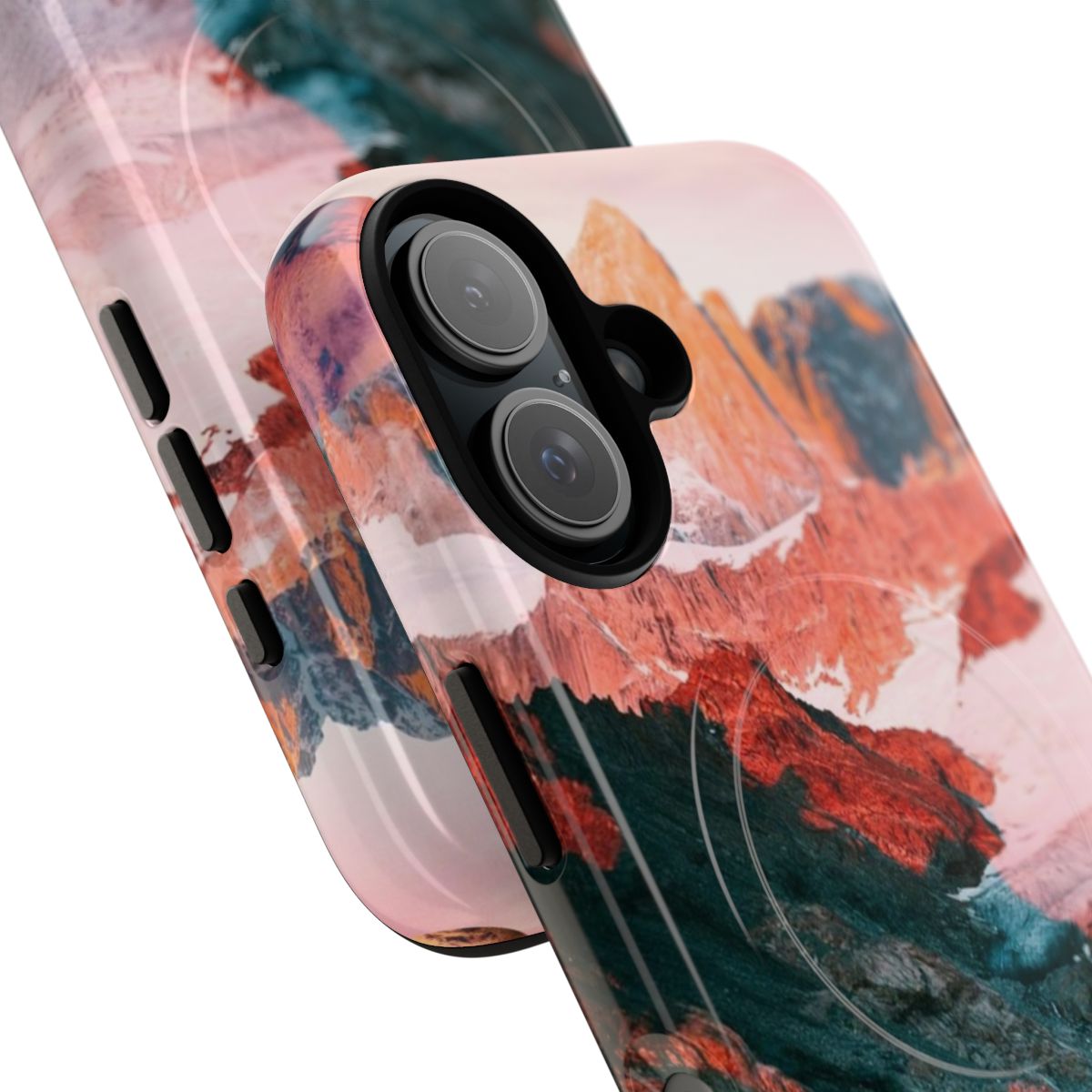 Colourful phone case featuring a digital collage design of the planet Mars and its moons. - Detail