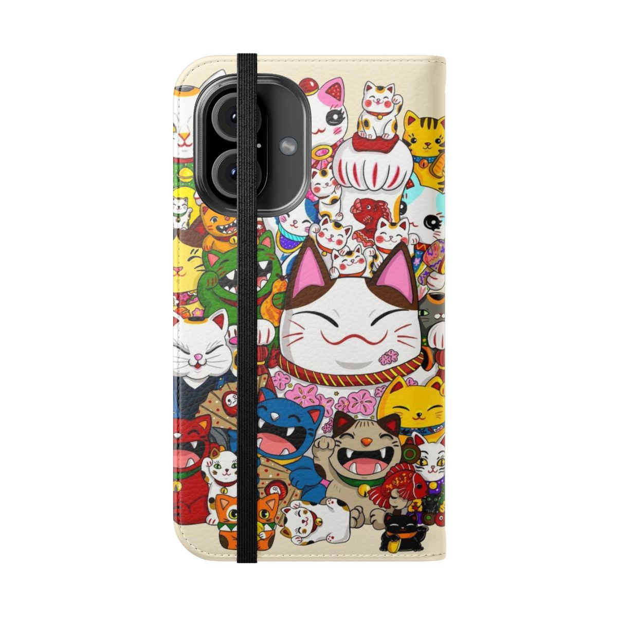 Colorful Maneki Neko (Lucky Cat) inspired phone case with a whimsical, artistic design - Folded Front