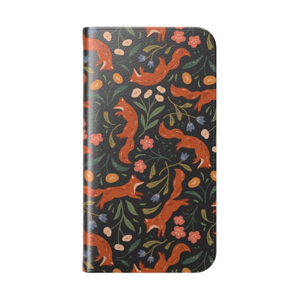 Vibrant floral phone case design featuring playful foxes in a botanical, whimsical pattern - Folded Back