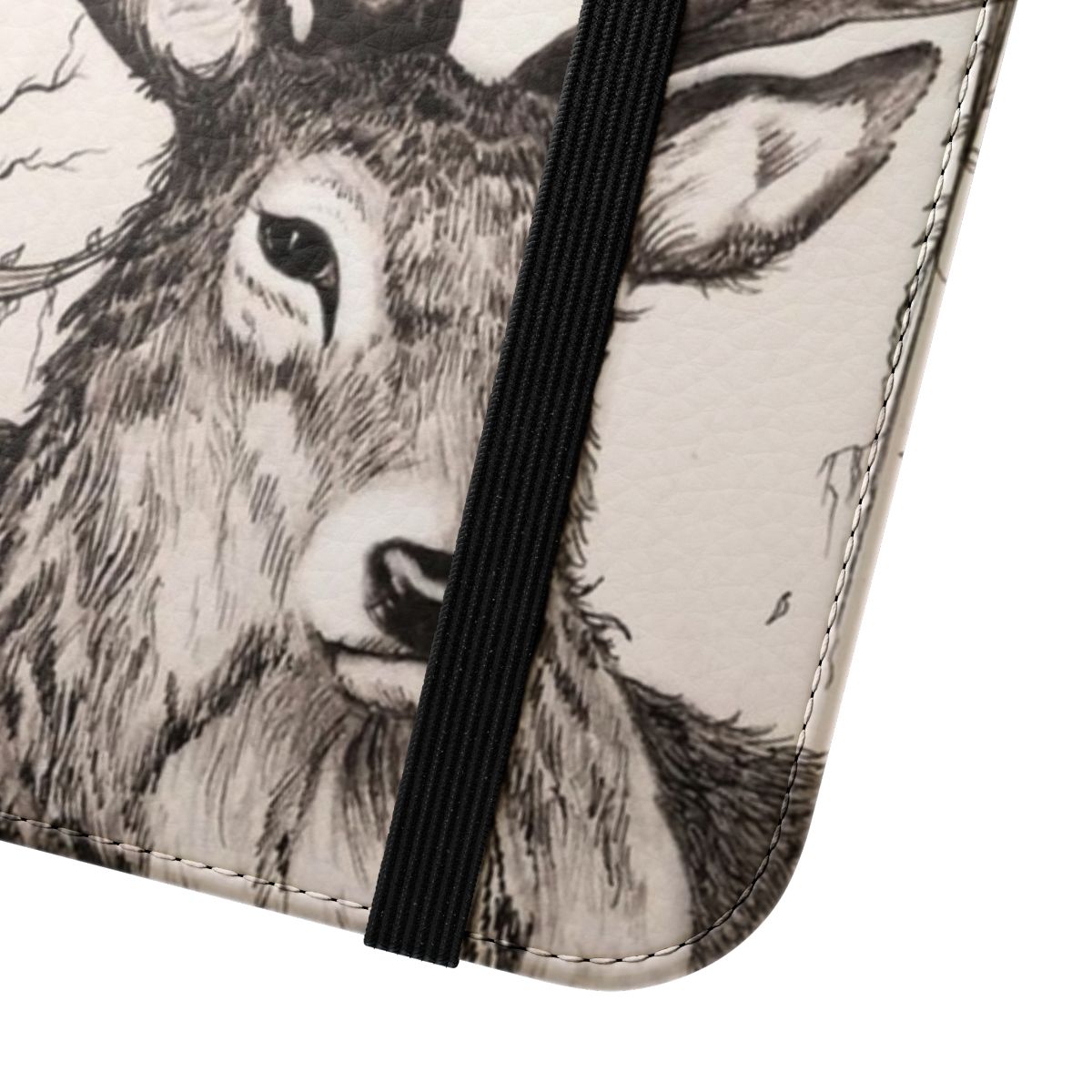 Flip cover phone case featuring a detailed illustration of a stag in a lush, sleeping forest with butterflies and flora. - Close Up