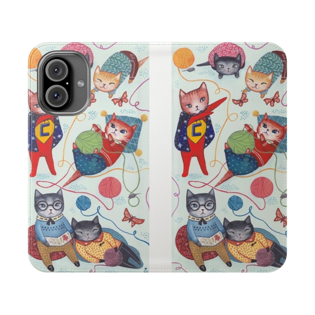 Vibrant flip cover phone case featuring a playful pattern of kittens, cats, and colorful designs.