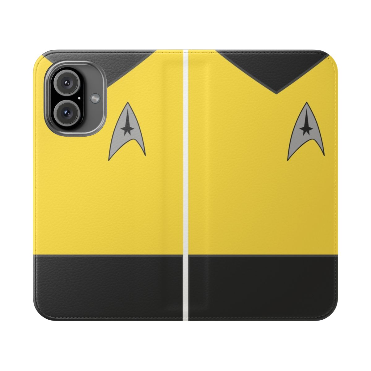 Yellow flip phone case with sci-fi design