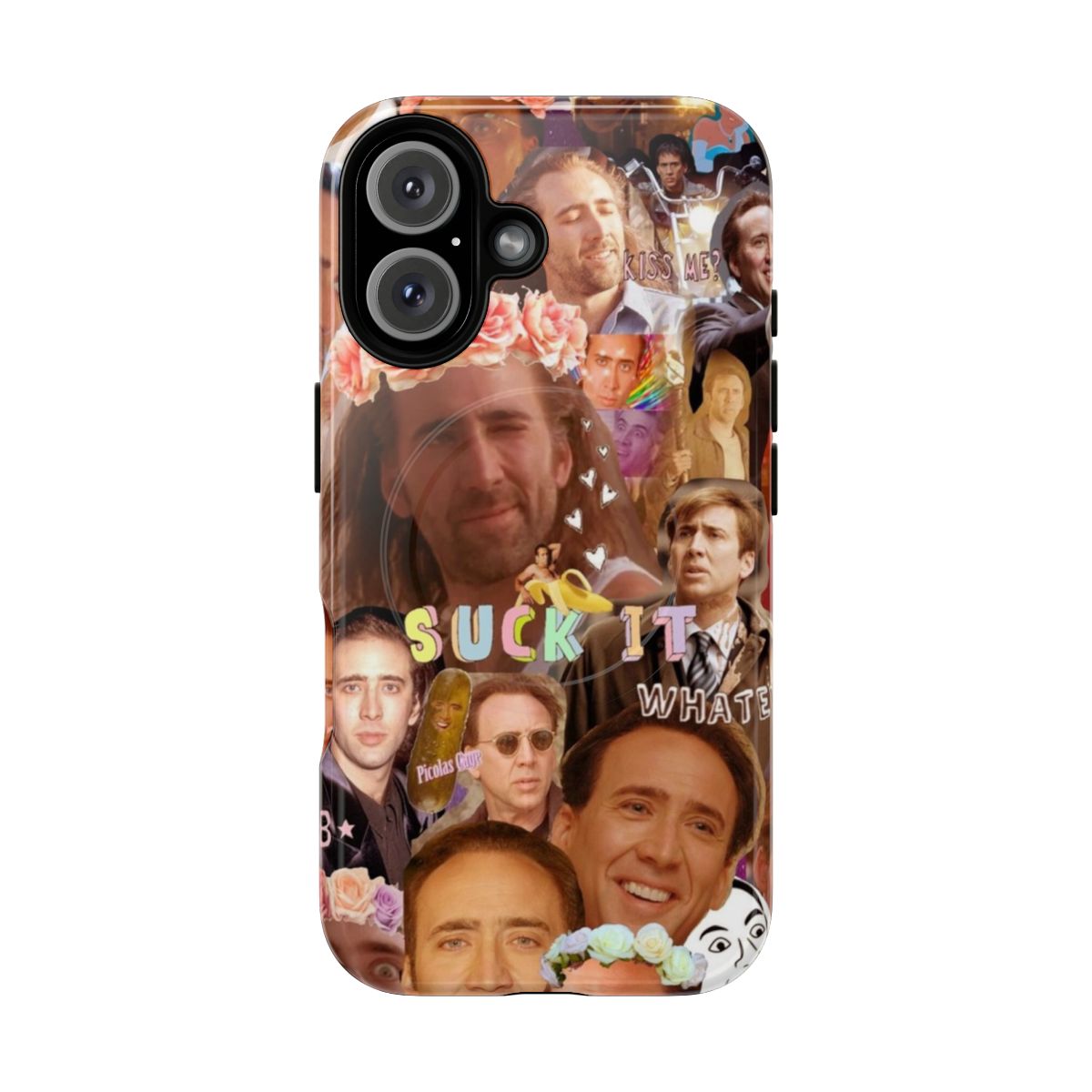 A collage of images featuring actor Nicolas Cage on a magnetic tough phone case