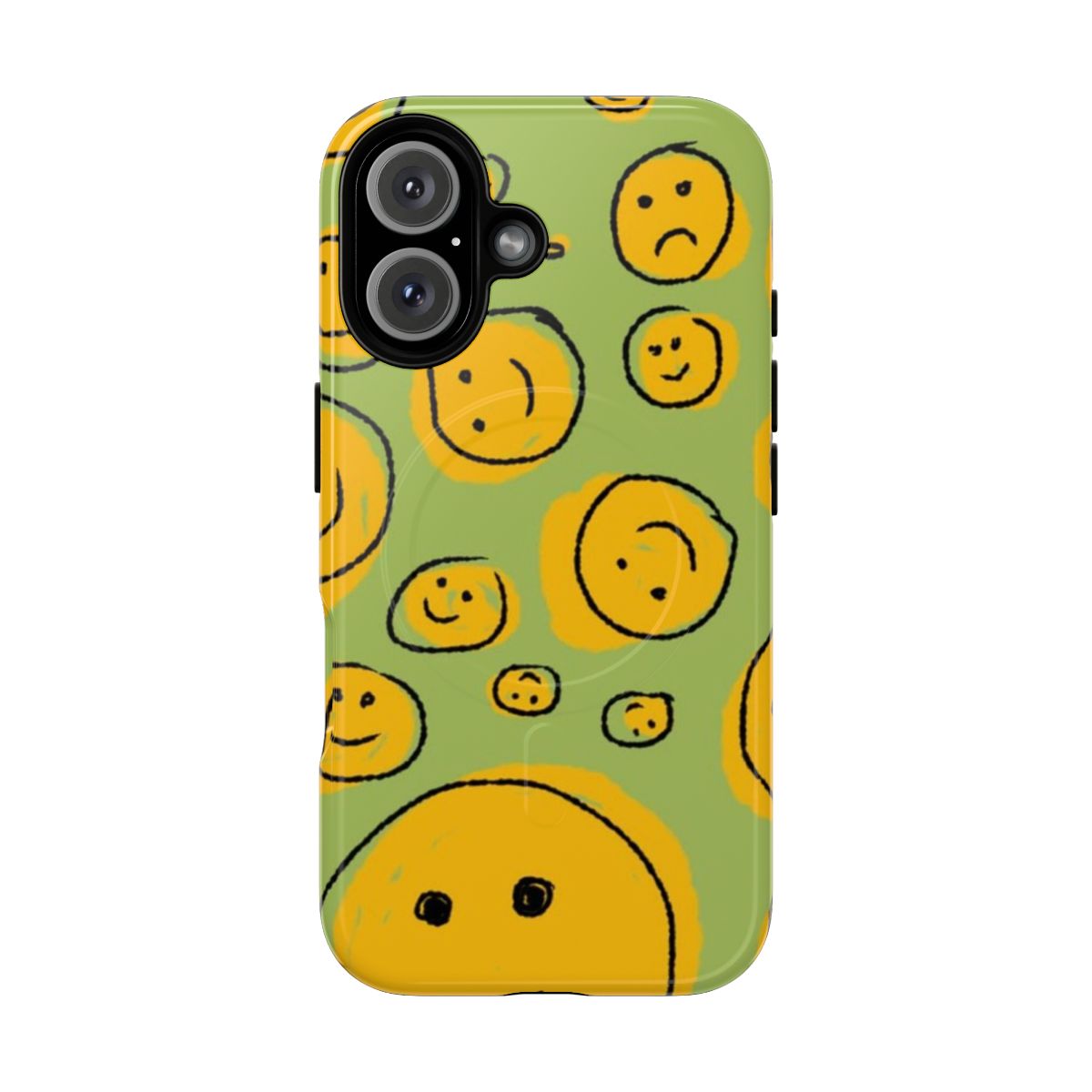 Vibrant yellow phone case with happy and sad smiley face design