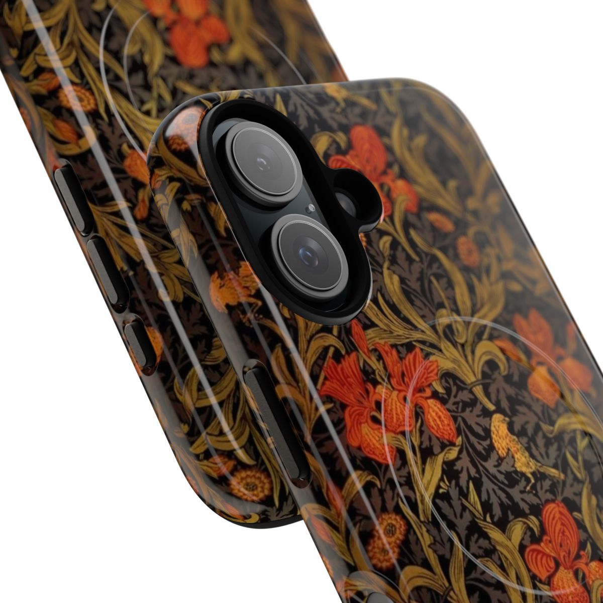 Vintage-style floral phone case with birds, leaves, and acanthus pattern inspired by the designs of William Morris - Detail