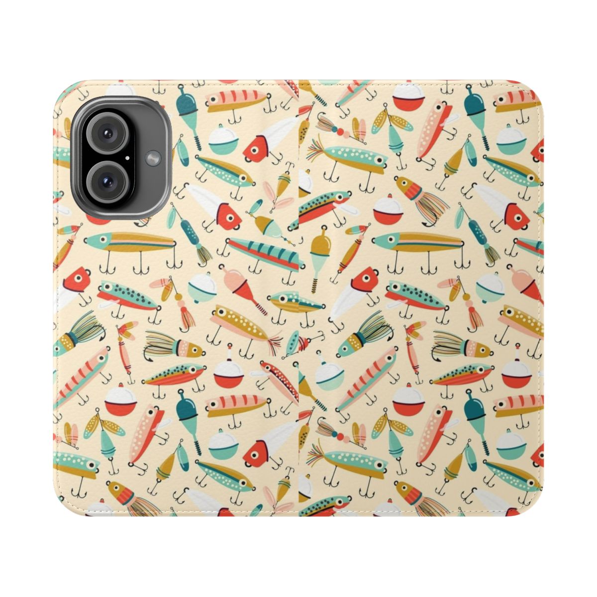 Colorful vector illustration of various fishing lures on a protective phone case