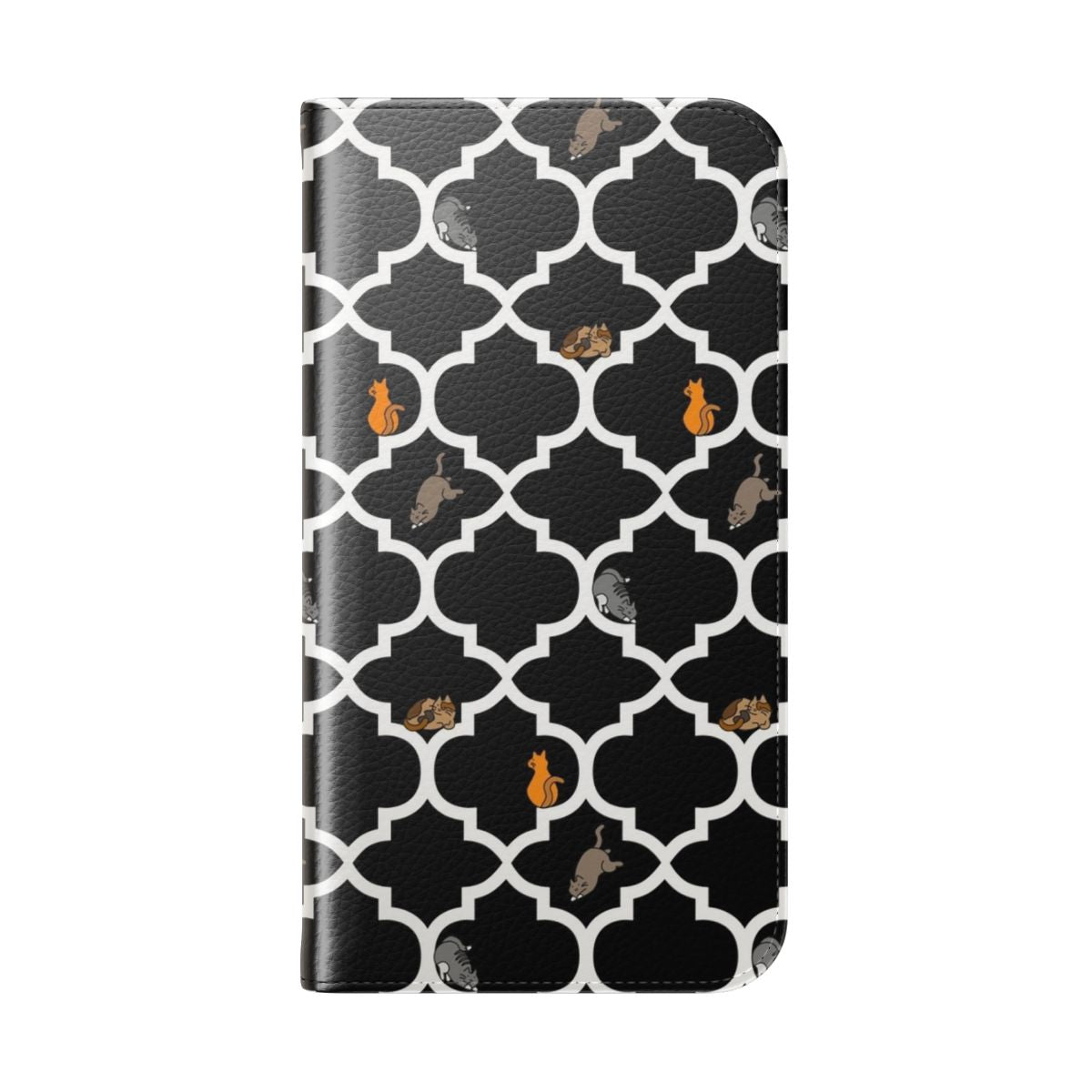 Black and white lattice pattern phone case with cute cats - Folded Back