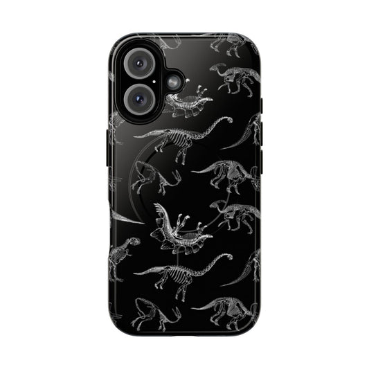 Dinosaur skeletons phone case featuring tyrannosaurus, parasaurolophus, and other Jurassic-era fossils.