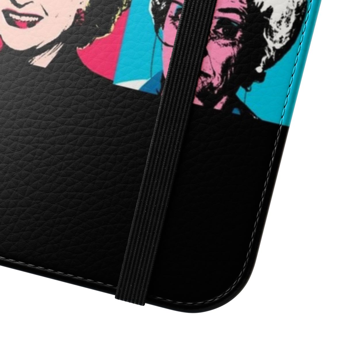 Golden-themed phone case featuring pop art-style portraits of the Golden Girls characters - Close Up