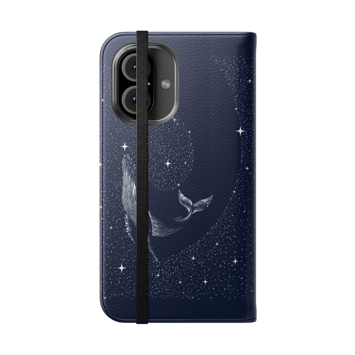 Starry night-inspired phone case with a humpback whale swimming amongst the stars and galaxies - Folded Front