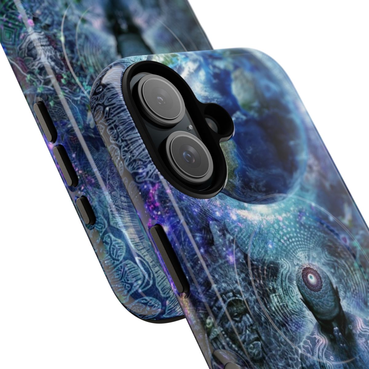 Surreal and visionary phone case featuring a landscape design with elements of nature and spirituality. - Detail