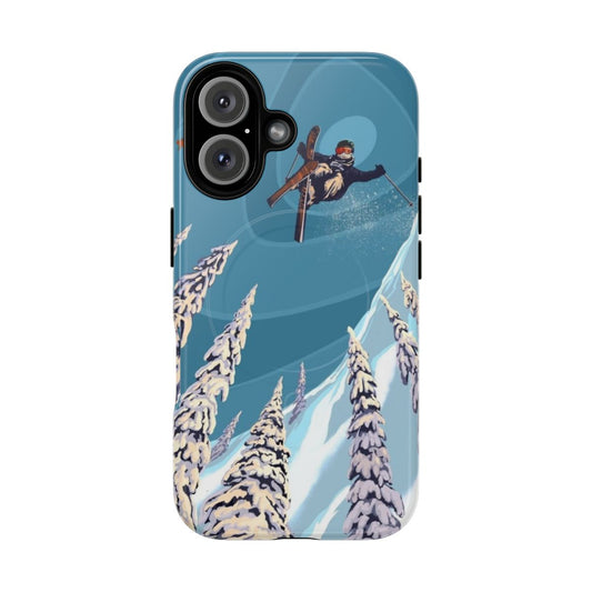 Retro ski jumper heli ski poster art design on a magnetic phone case