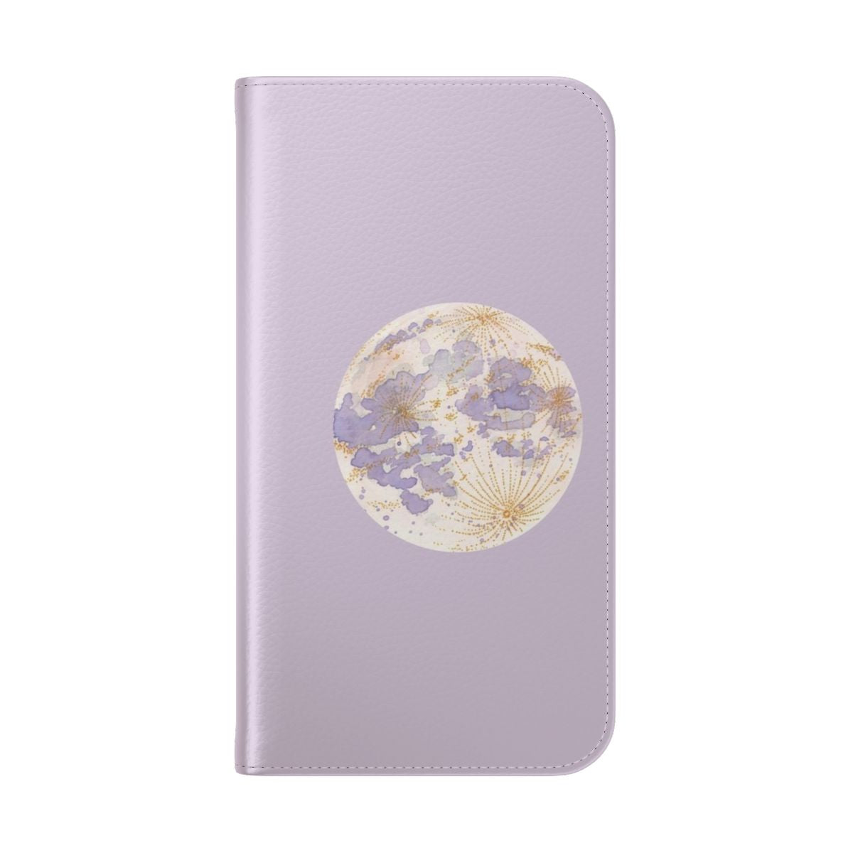 A pastel lavender phone case with a watercolor celestial moon design - Folded Back