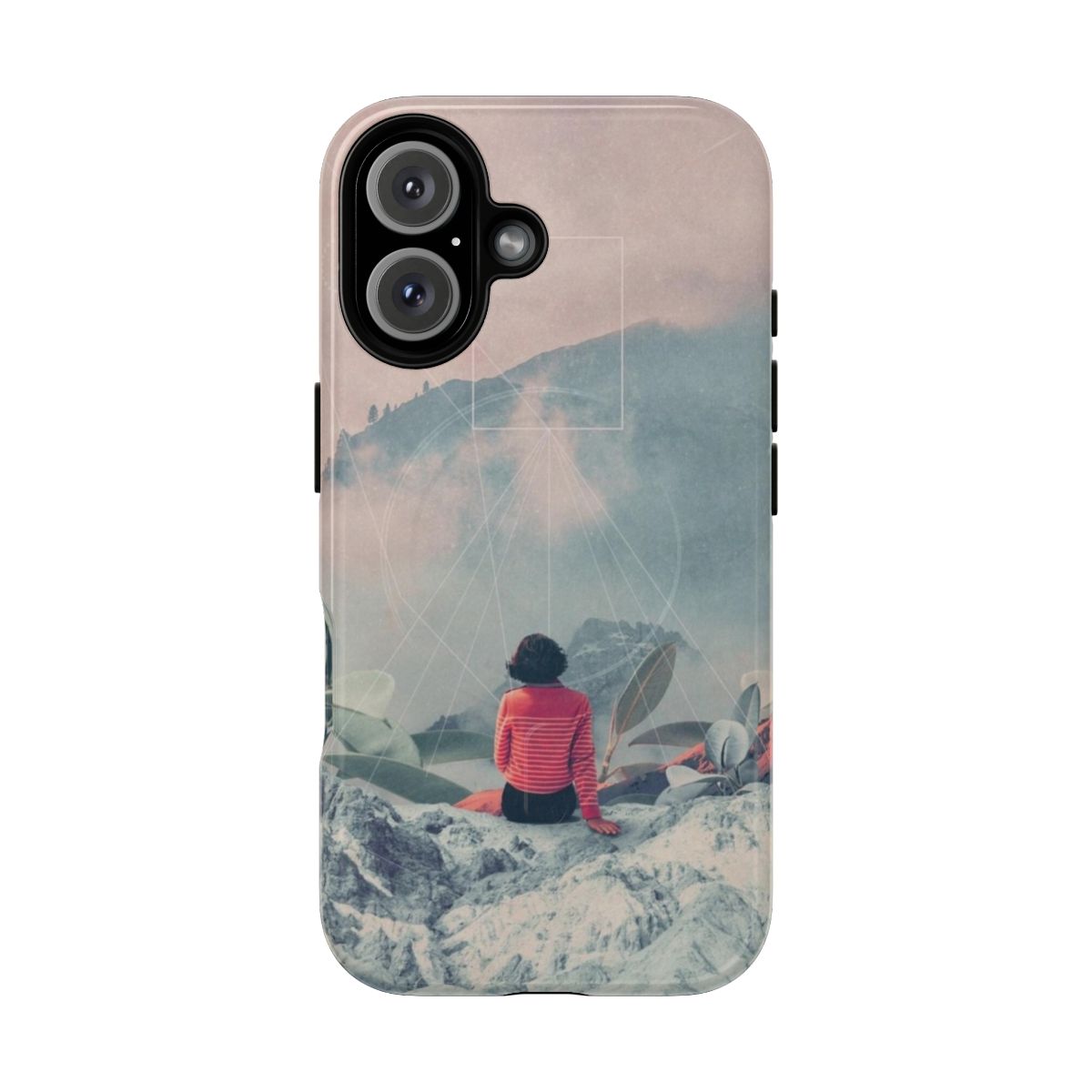 Surreal and vintage-inspired digital art collage phone case with landscape, woman, and botanical elements