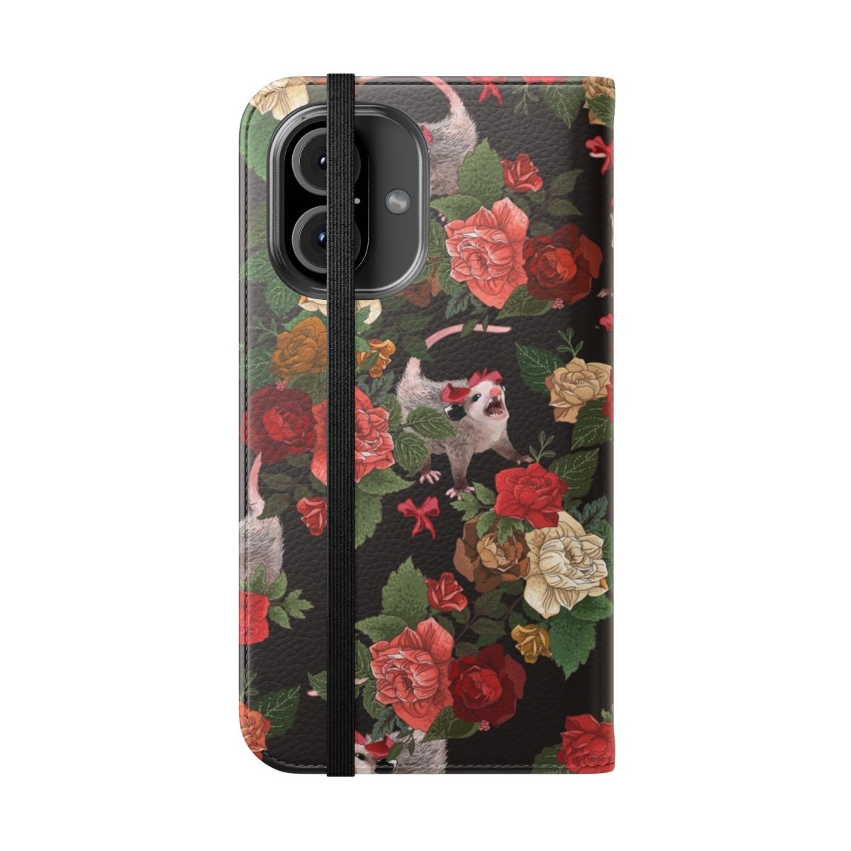 A cute and quirky floral phone case featuring a screaming opossum design. - Folded Front