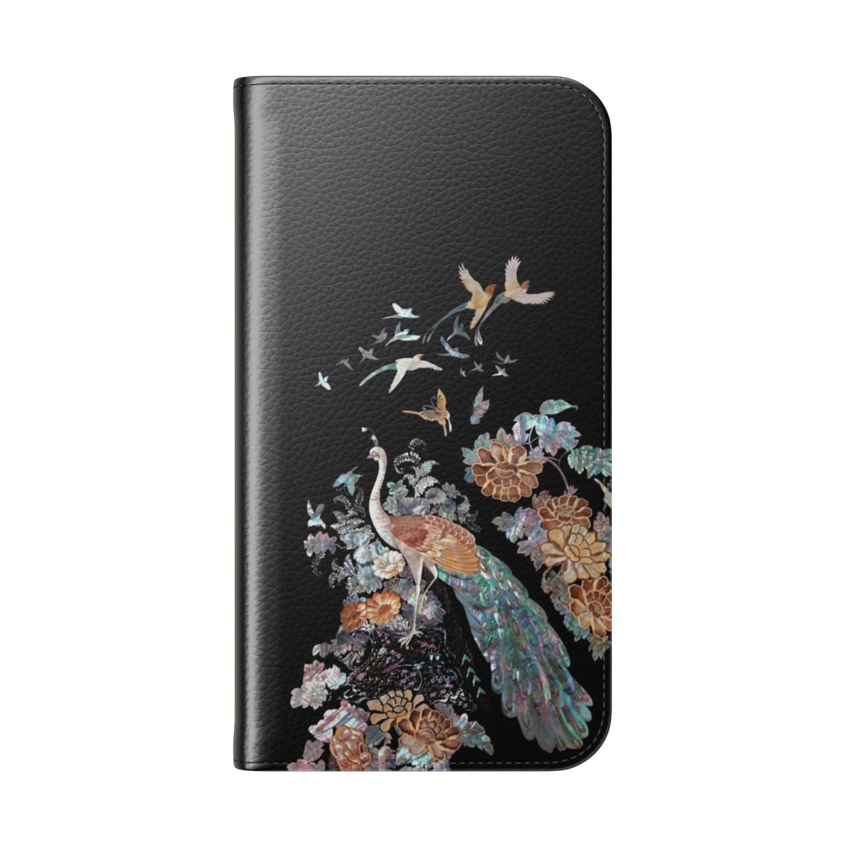 Flip phone case with intricate mother of pearl phoenix design, inspired by traditional Korean art - Folded Back