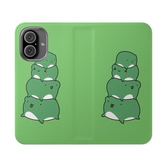 A colorful and playful phone case featuring a stack of adorable cartoon frogs.