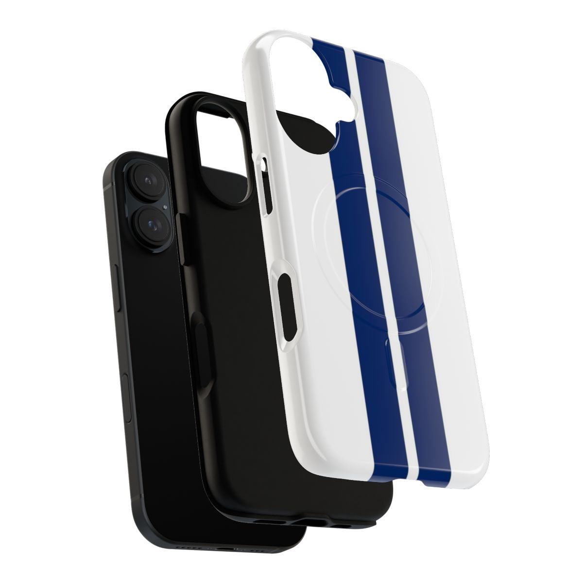 Magnetic tough case with blue and white racing stripes design for muscle cars - Layers