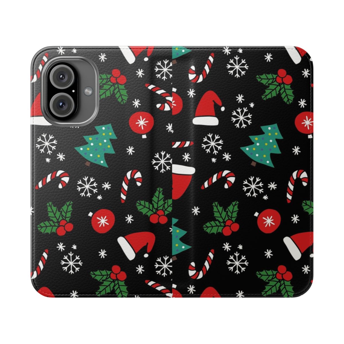 Christmas-themed phone case with floral patterns, snowflakes, and holiday elements