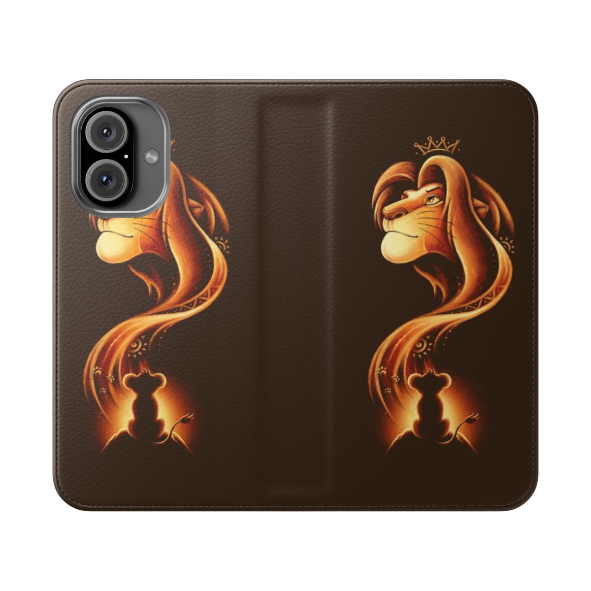 A flip cover phone case with a lion design, featuring the iconic character Simba from The Lion King.