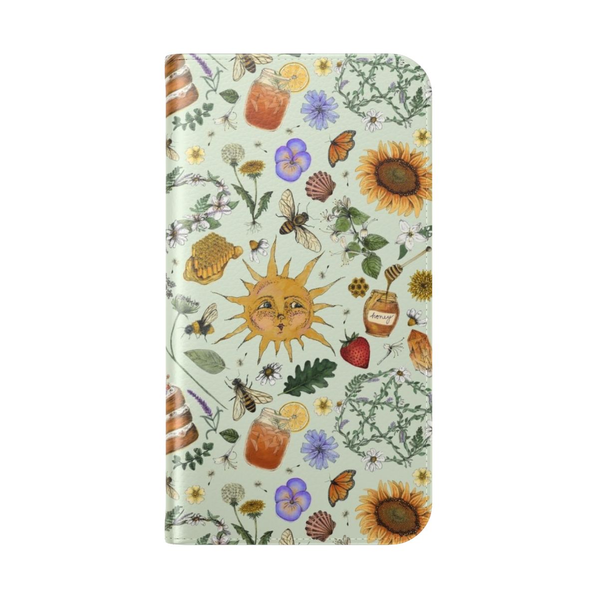 A green flip cover phone case with a Litha-inspired pattern featuring symbolic elements like a pentacle, sunflowers, and butterflies. - Folded Back