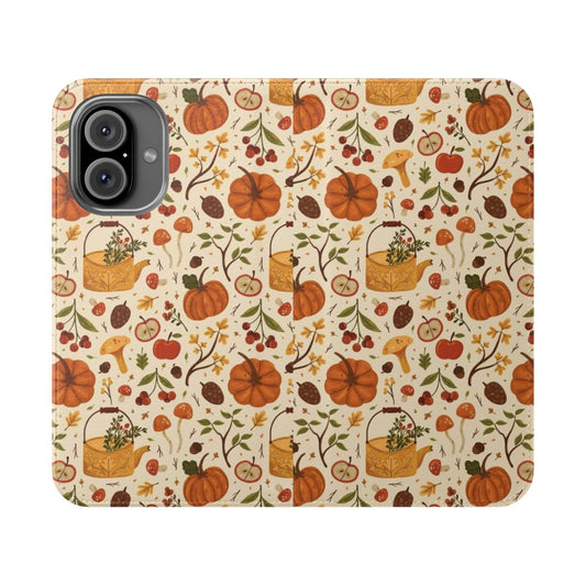 Autumn Botanical Phone Case with Floral Design of Pumpkins, Mushrooms, Leaves, and Apples