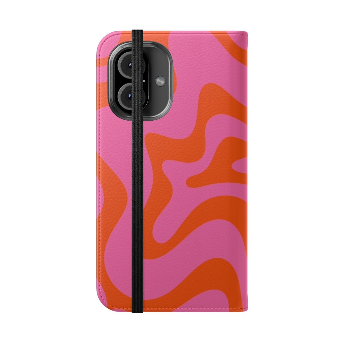 Retro abstract swirl pattern in pink, orange, and red on a flip phone case - Folded Front