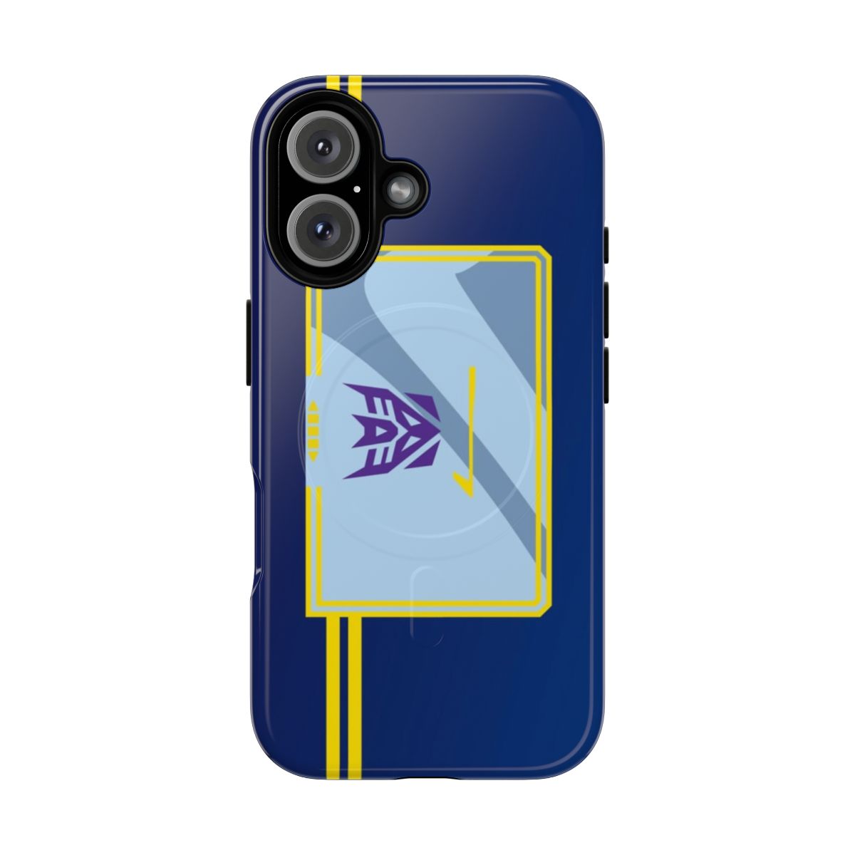 Soundwave-inspired magnetic tough phone case with robot, cassette tape, and Decepticon design