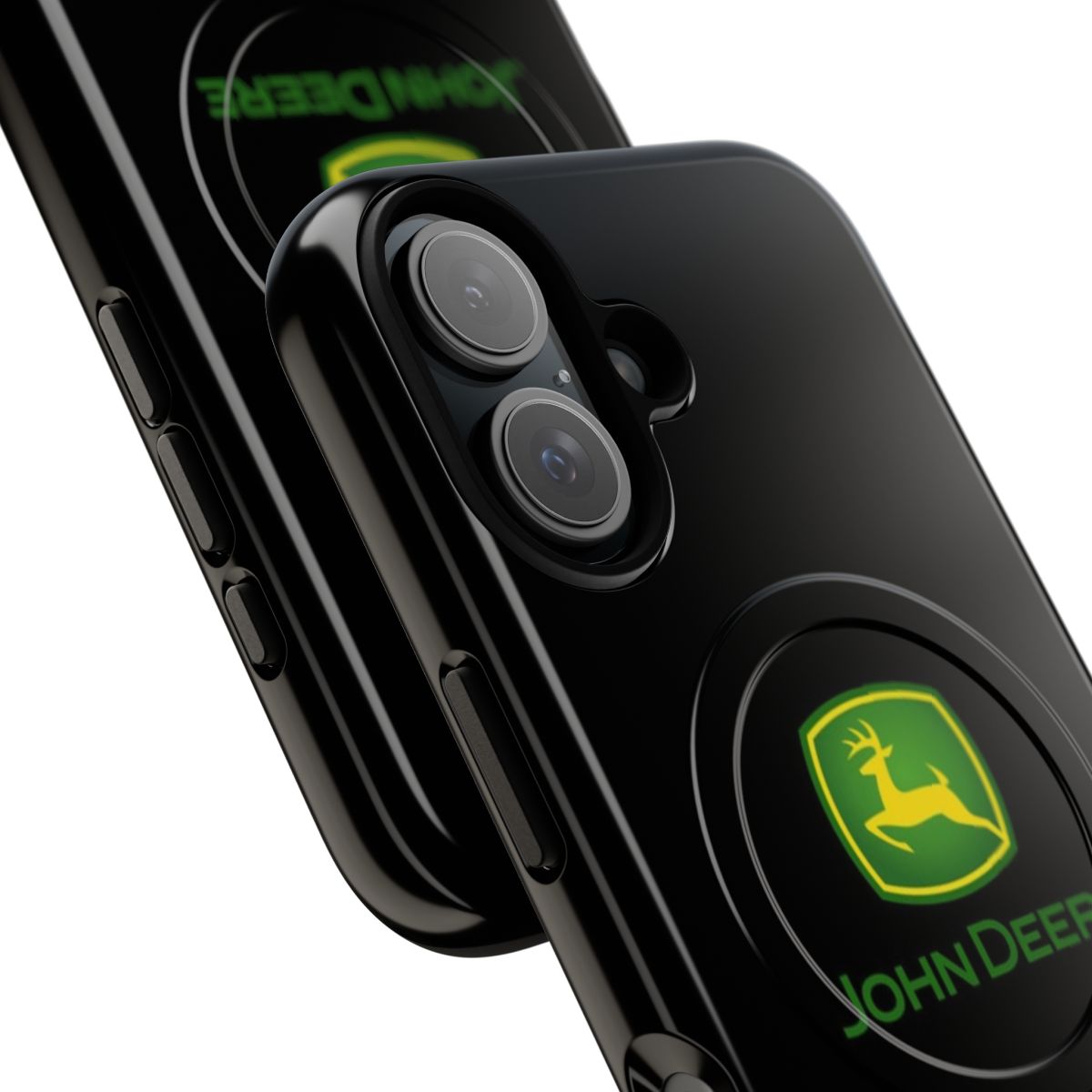 A green magnetic tough phone case with a tractor design, perfect for farmers and nature enthusiasts. - Detail