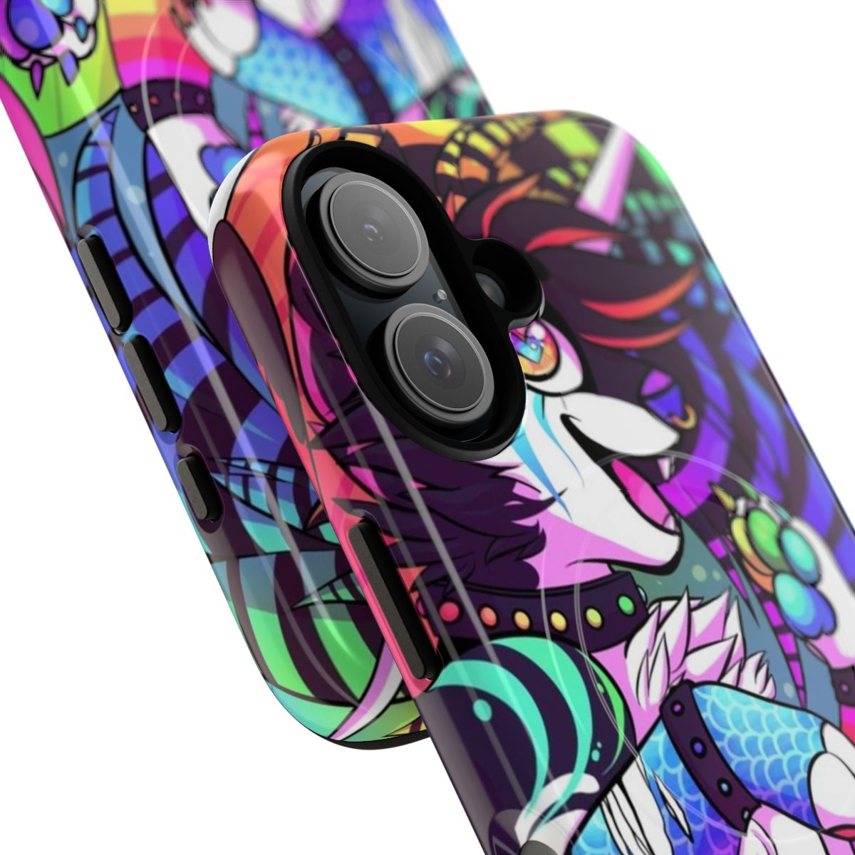 Colorful sparkly magnetic tough phone case with images of shiba inu, wolf, and rainbow - Detail