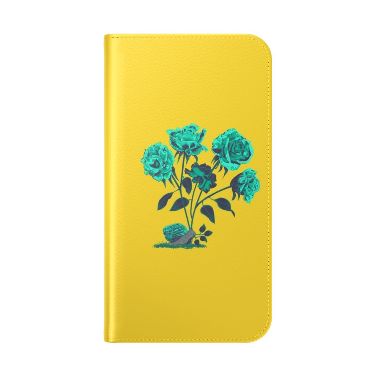 A stylish and nature-inspired phone case featuring a graphic design of snails and roses in a lush, botanical arrangement. - Folded Back