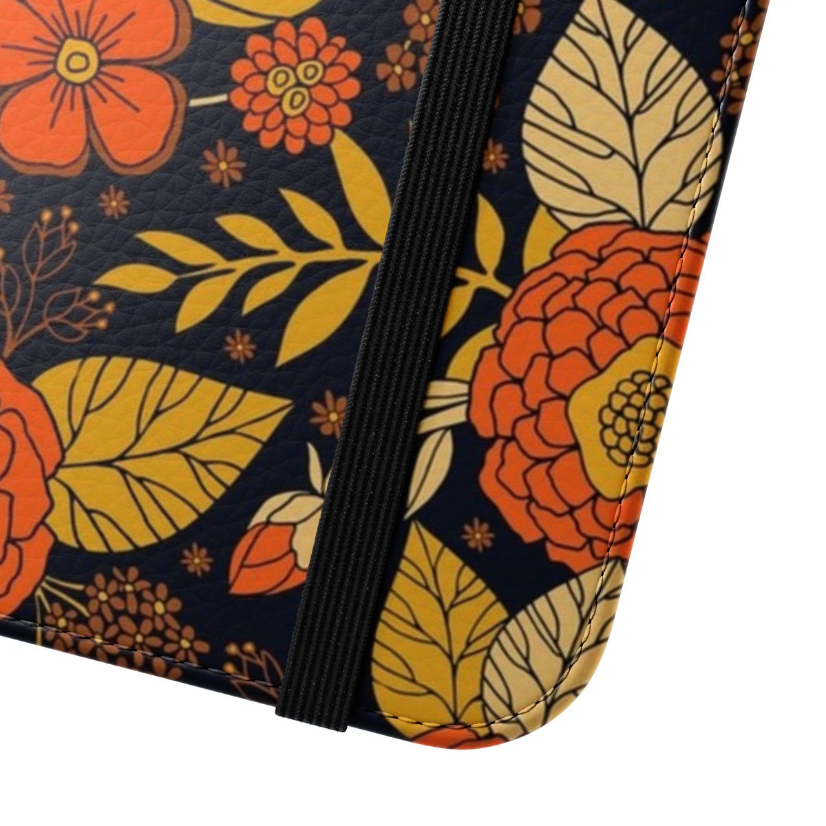 Retro floral pattern flip phone case in shades of yellow, orange, brown, and navy. - Close Up