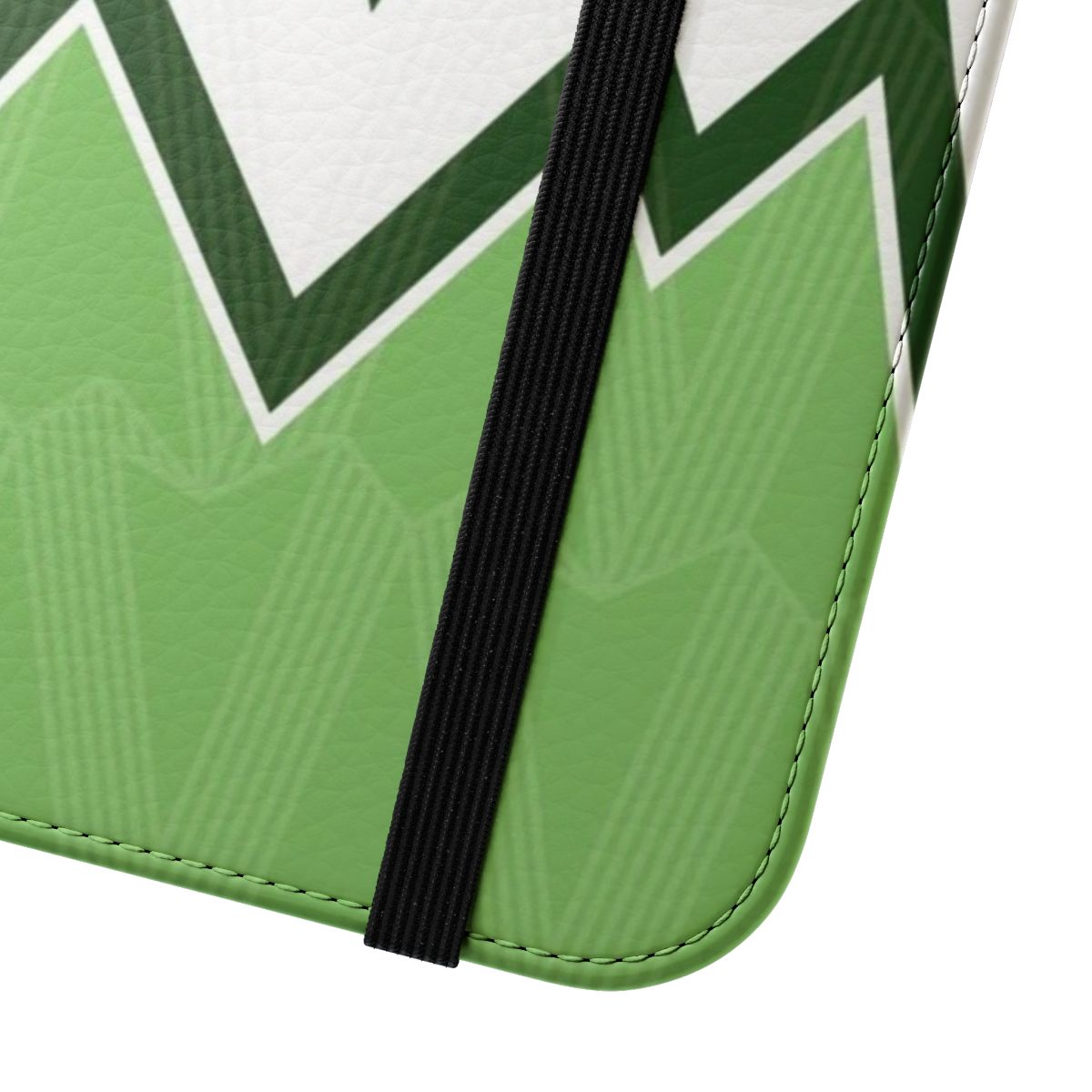 Retro-style flip cover phone case featuring a geometric, abstract Celtic FC-inspired pattern in green. - Close Up